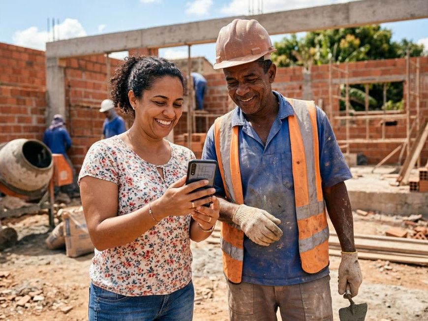 Dona da obra e pedreiro conferindo o app juntos