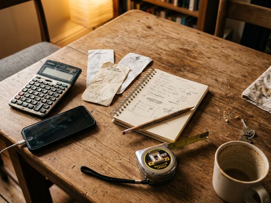 Caderno, comprovantes e calculadora na mesa