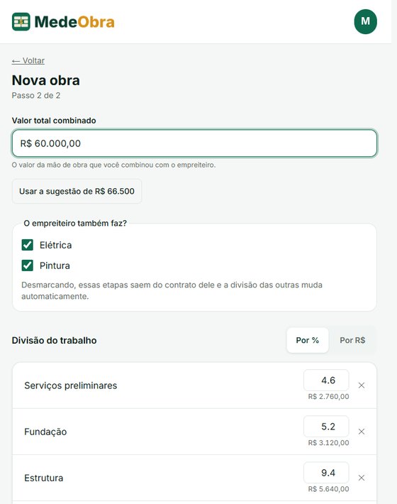 Nova obra: valor combinado e divisão por etapas