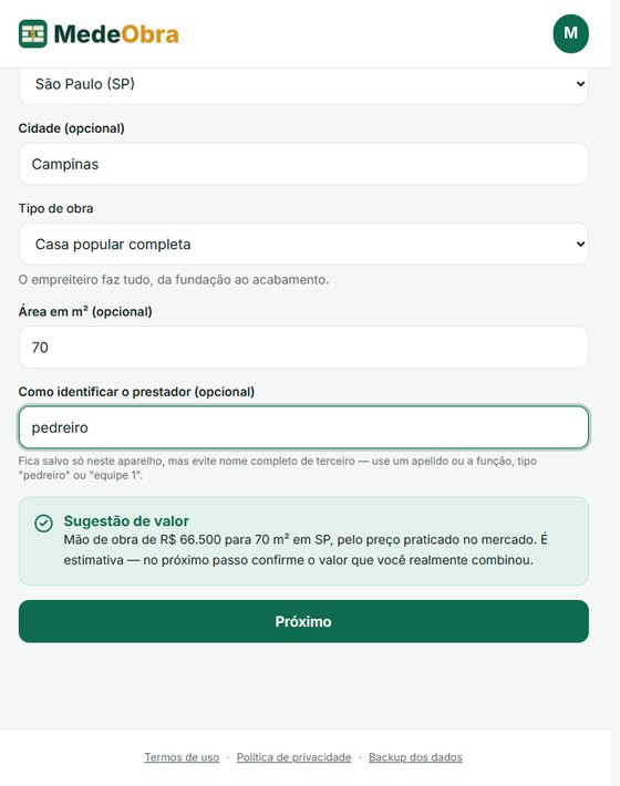 Nova obra com sugestão de valor